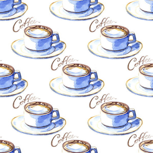 Ручной рисованный акварель кофе бесшовный узор на белом фоне
