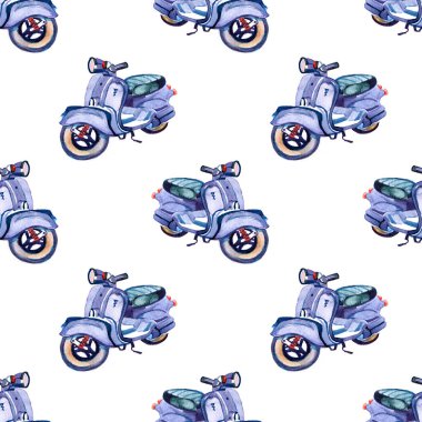 suluboya scooter seamless modeli, el boyalı vintage illüstrasyon