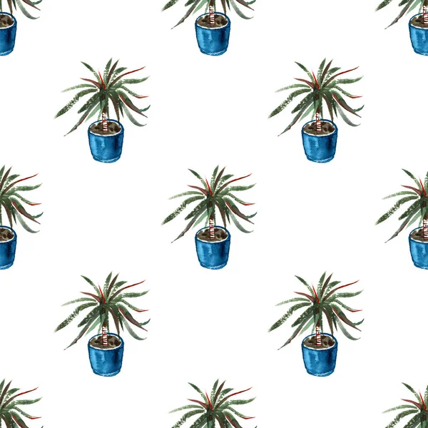 House indoor plant watercolor cartoon doodle seamless pattern. Illustration on white background.