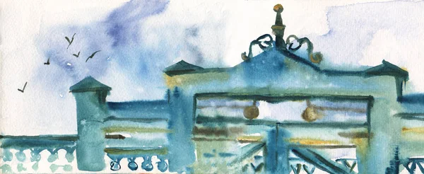 Akvarel staré dřevěné brány na mraky — Stock fotografie