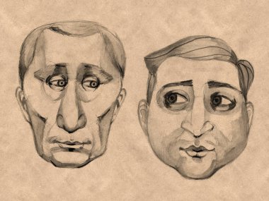 Kharkiv, Ukrayna - 21 Nisan 2019: Ukrayna Devlet Başkanı Vladimir Zelensky ve Rusya Devlet Başkanı Vladimir Putin'in Portreleri.