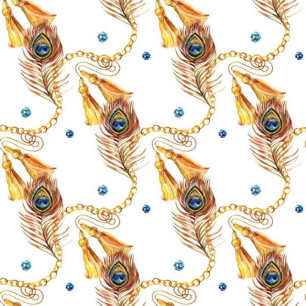 Gyllene sömlösa mönster in illustration. Akvarell handritad mode textur med olika guld kedjor, rep, fjädrar, bälten, designelement på vit bakgrund. Akvarell print för tyg — Stockfoto