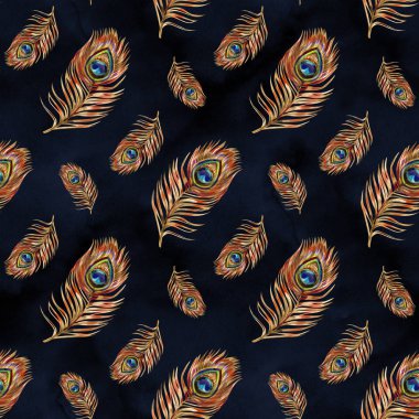 Altın tavus kuşu tüyleri ile dikişsiz suluboya deseni