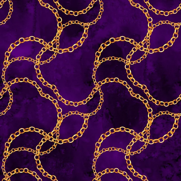 Złoty łańcuch Seksowny bezszwowe wzór ilustracja. Akwarela ręcznie rysowane tekstury moda z różnych złote łańcuchy na czarnym tle. Akwarela drukowanie tekstyliów, tkanin, Tapeta, — Zdjęcie stockowe