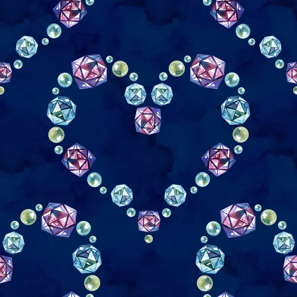 Bezproblémový vzor. Tahy štětce, perla, krystaly, srdce. Abstraktní akvarel. — Stock fotografie