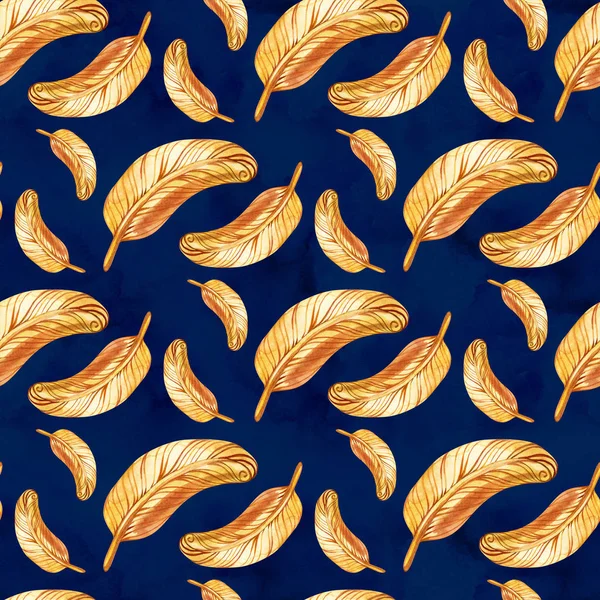 Bezszwowy wzór akwareli ze złotymi piórami Paw — Zdjęcie stockowe