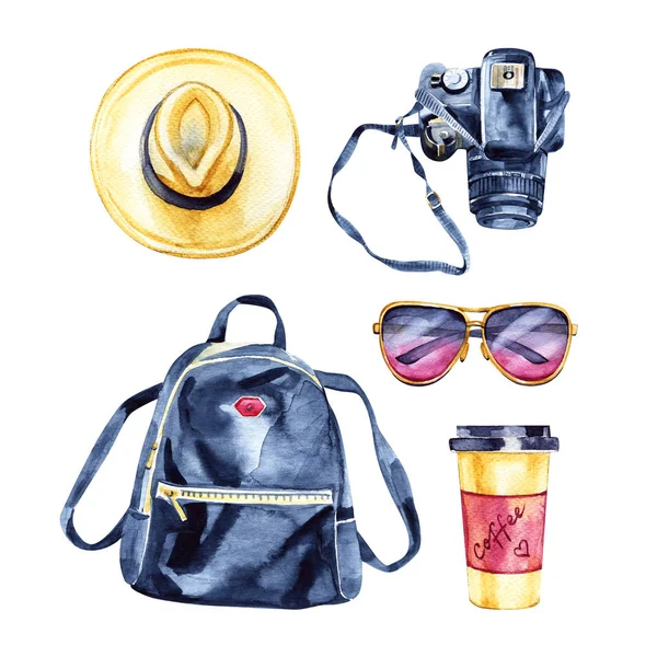 watercolor urban travel set film camera, glasses, hat, leather bag, coffee to go Hand-drawn Watercolor and ink illustration isolated on white background.