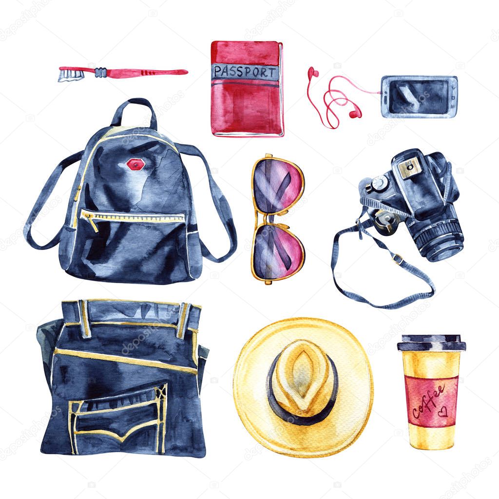 Sketch of hipster travel set: photo camera, jeans, glasses, hat, backpack. Hipster style. Hand drawing watercolor and ink. Isolated on white background.