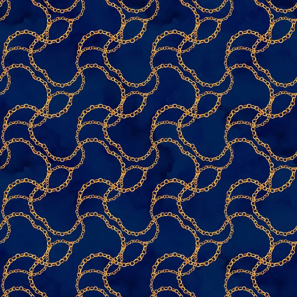 Golden chain glamour seamless pattern illustration. Watercolor hand drawn fashion texture with different golden chains on black background. Watercolour print for textile, fabric, wallpaper, wrapping.