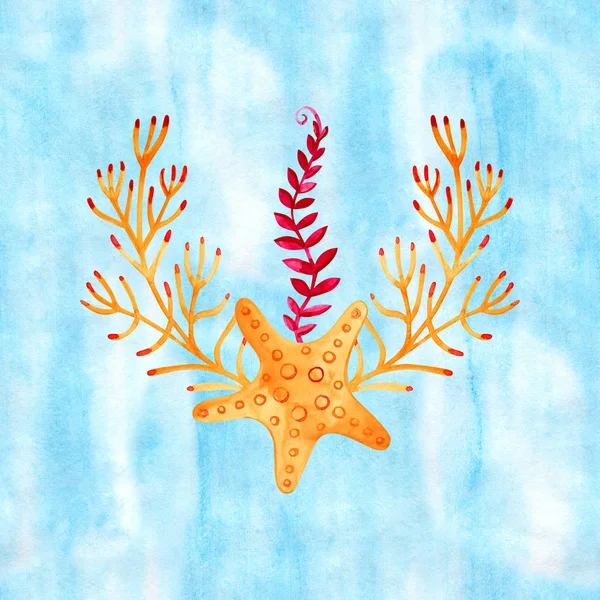 Kiváló minőségű akvarell összetétele a víz alatti élet tárgyakat. Vannak tengeri kagyló, korallok, kövek, csillagok. Fel lehet használni a kártyákat, meghívó, esküvői tervezés, fedél, poszter. — Stock Fotó