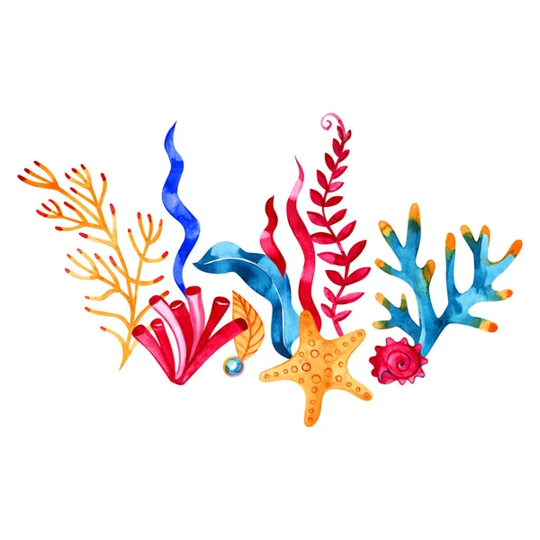 Suluboya el boyalı deniz kompozisyonu. Vintage gerçekçi unsurları ile Deniz arka plan. — Stok fotoğraf