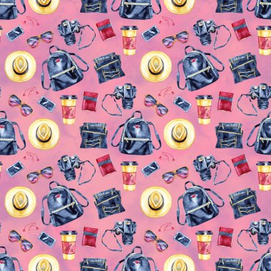 Suluboya yaz tatili moda deseni. Vintage el turizm nesneleri ile sorunsuz doku çizilmiş.