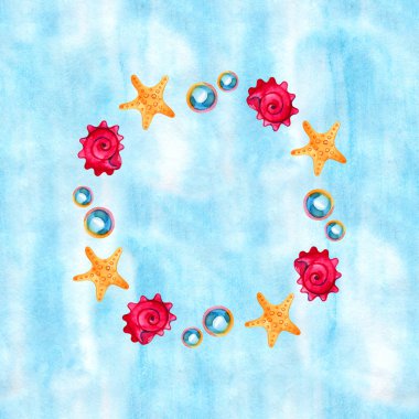 Suluboya el boyalı deniz kompozisyonu. Vintage gerçekçi unsurları ile Deniz arka plan.