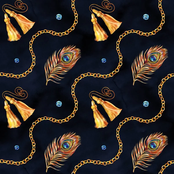 Aquarell nahtlose Muster von Schmuckketten und mehrfarbigen Edelsteinen. — Stockfoto