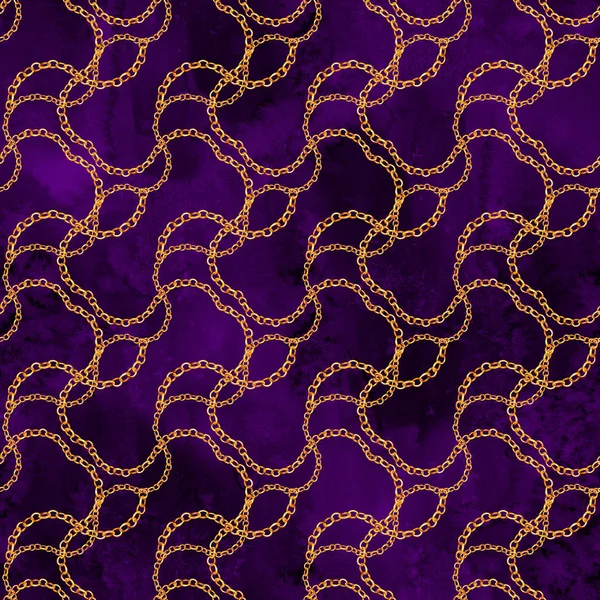 Złoty łańcuch Seksowny bezszwowe wzór ilustracja. Akwarela ręcznie rysowane tekstury moda z różnych złote łańcuchy na czarnym tle. Akwarela drukowanie tekstyliów, tkanin, Tapeta, — Zdjęcie stockowe