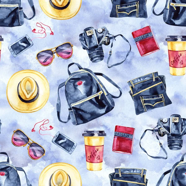 Watercolor summer vacation fashion pattern. Vintage hand drawn seamless texture with tourism objects.