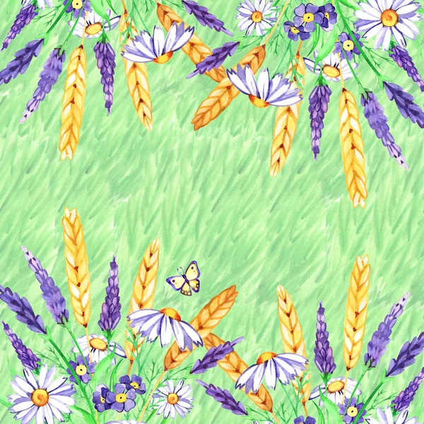 Vodní barevný levandulový buket. Načrtněte si levandulové květiny fialovou stuhou. Samostatná ilustrace — Stock fotografie