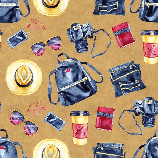 Watercolor summer vacation fashion pattern. Vintage hand drawn seamless texture with tourism objects.