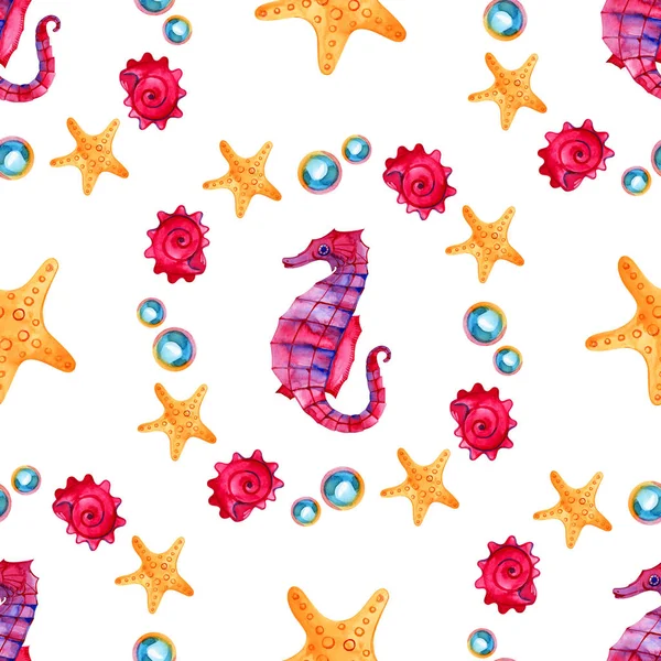 Watercolor seahorse seamless pattern. Underwater world image. Watercolor hand drawn illustration. — Stock Photo, Image