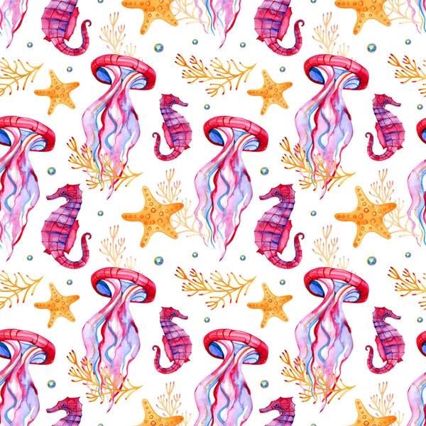 Seamless pattern with detailed transparent jellyfish. Pink and blue sea jelly on blue background. illustration — Stock Photo, Image