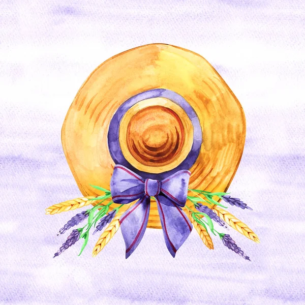水彩手画插图与草帽和鲜花。乡村风格 — 图库照片