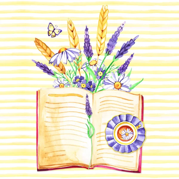 Kreative Aquarell-Illustration, Blumen, Tee und Buch. — Stockfoto