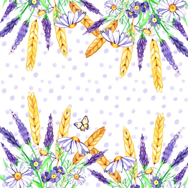 Buquê de flores de verão selvagens - camomila, margarida, esqueça-me-não, ilustração a aquarela. Aquarela selvagem, arranjo de flores do prado, buquê, composição — Fotografia de Stock