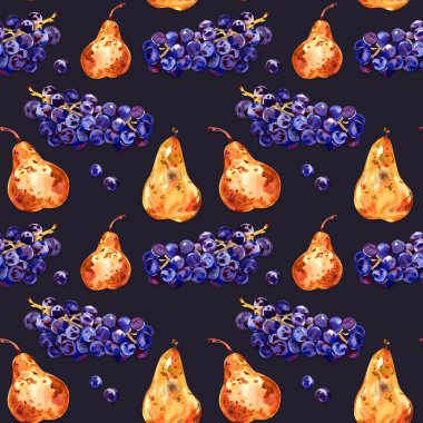 Meyve ile dikişsiz desen. Üzüm ve armut. Suluboya illüstrasyon. Elle çizilmiş