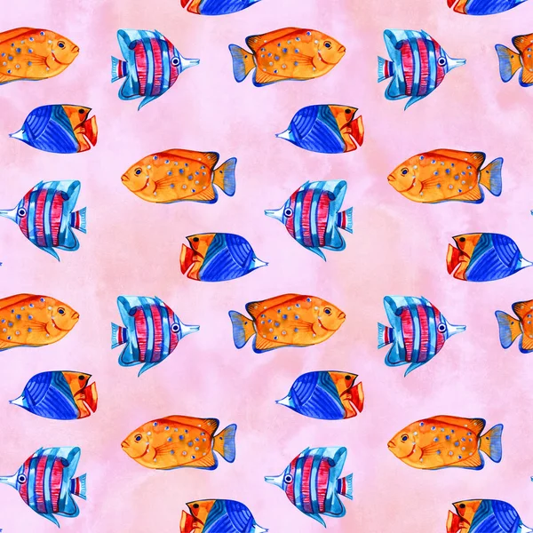 Seamless tropical pattern. Watercolor illustration with hand drawn aquarium exotic fish on white background. Blue set. — Stock Photo, Image