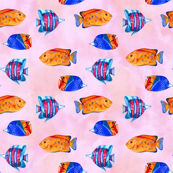 Seamless tropical pattern. Watercolor illustration with hand drawn aquarium exotic fish on white background. Blue set.