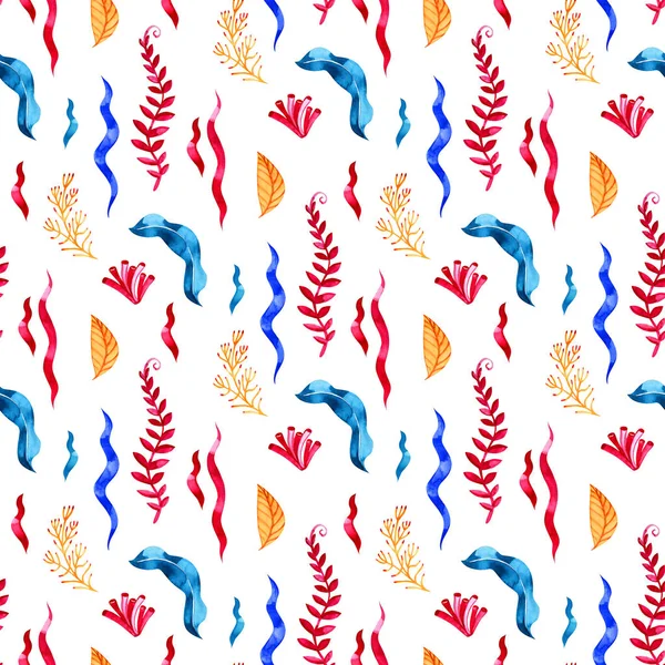 Seamless pattern with marine plants, leaves and seaweed. Hand drawn marine flora in watercolor style.