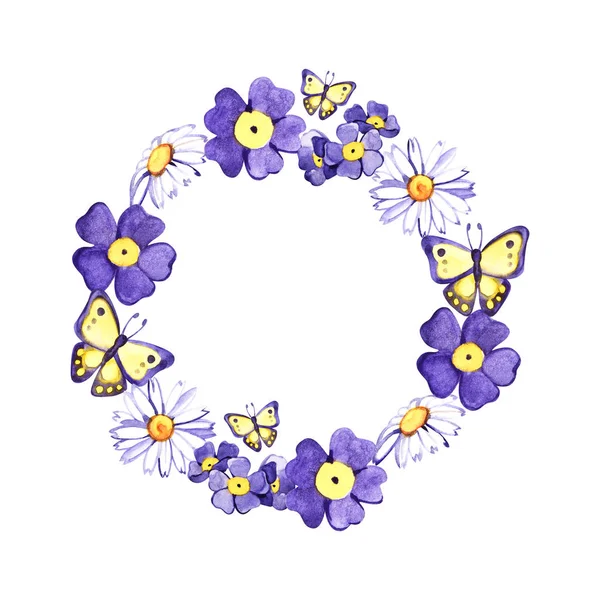 盛开的夏日花——甘菊、雏菊、忘我、不、水彩插图。水彩野生， 草甸花安排， 花束， 组成 — 图库照片