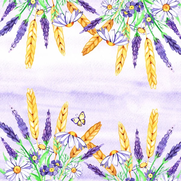 수채화 라벤더 테두리입니다. 손으로 그린 빈티지 식물과 배경. 여름 일러스트. — 스톡 사진