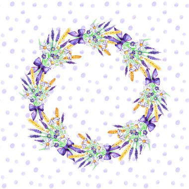 Suluboya el çizilmiş çerçeve. Çelenk. Kart. Çiçekler, otlar ve yapraklar. Lavanta ve papatya. Koleksiyon.