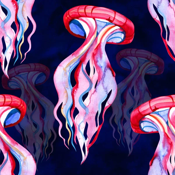Detaylı şeffaf denizanası ile dikişsiz desen. Mavi arka planda pembe ve mavi deniz jölesi. Illüstrasyon — Stok fotoğraf