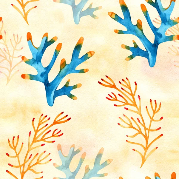 与海洋植物、树叶和海藻无缝相带。水彩风格的手工绘制的海洋植物. — 图库照片