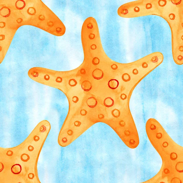 Seamless pattern with underwater life objects. Marine design-shell, sea star. Watercolor hand drawn painting illustration. Element for posters, greeting cards. — Stock Photo, Image