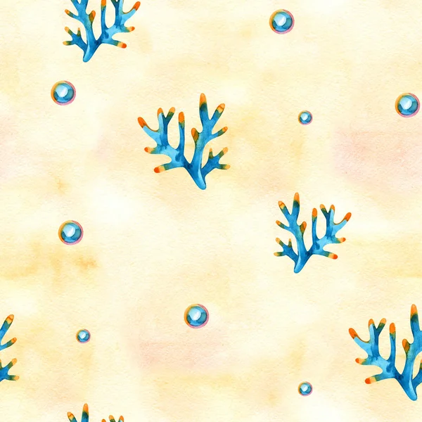 Seamless pattern with marine plants, leaves and seaweed. Hand drawn marine flora in watercolor style.