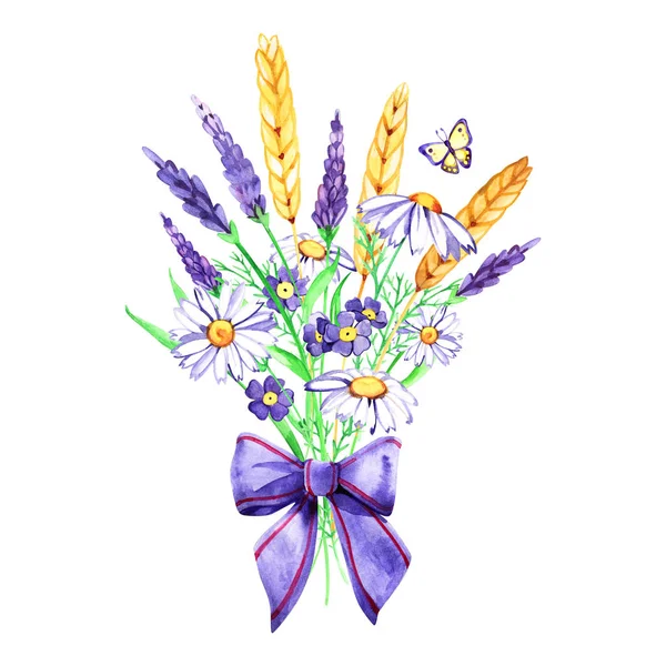 Floral decor. Aquarel boeket van wilde kamille bloemen, lavendel en spikes — Stockfoto