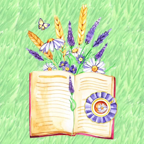 Kreative Aquarell-Illustration, Blumen, Tee und Buch. — Stockfoto