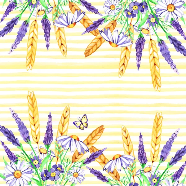 Aquarel lavendel grens. Achtergrond met handgeschilderde Vintage planten. Zomer illustratie. — Stockfoto