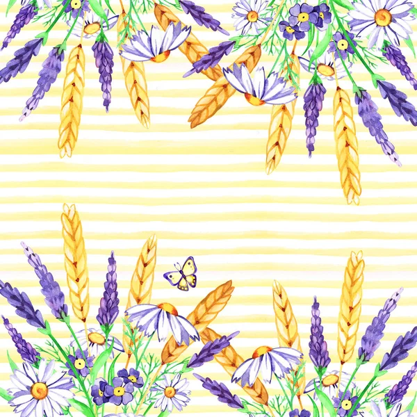 Borde de lavanda acuarela. Fondo con plantas vintage pintadas a mano. Ilustración de verano . —  Fotos de Stock