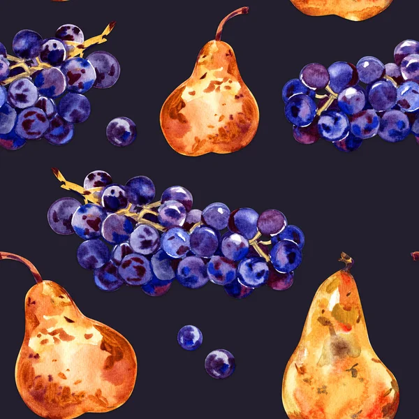 フルーツとシームレスなパターン。ブドウと梨水彩画イラスト。手描き — ストック写真