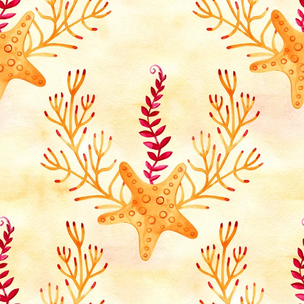 Sömlöst mönster med marina växter, löv och tång. Handritad marin Flora i akvarell stil. — Stockfoto