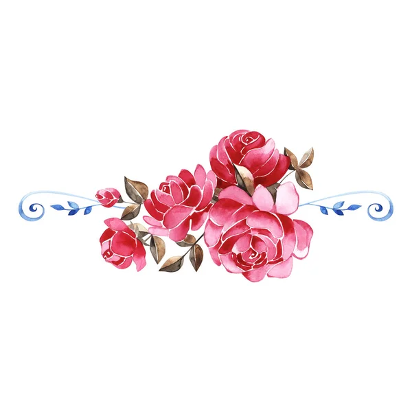 Kézzel rajzolt akvarell elrendezése a festői rózsaszín rózsa, rosebuds, levelek és göndör ág. Virág botanikai illusztráció esküvői meghívók, kártyák, minták — Stock Fotó