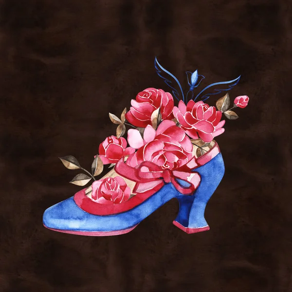 Frauenschuhe mit Rosen. Mode und Stil, Kleidung und Accessoires. Schuhe. Illustration für eine Postkarte oder ein Poster, Druck für Kleidung. Vintage und Retro. — Stockfoto