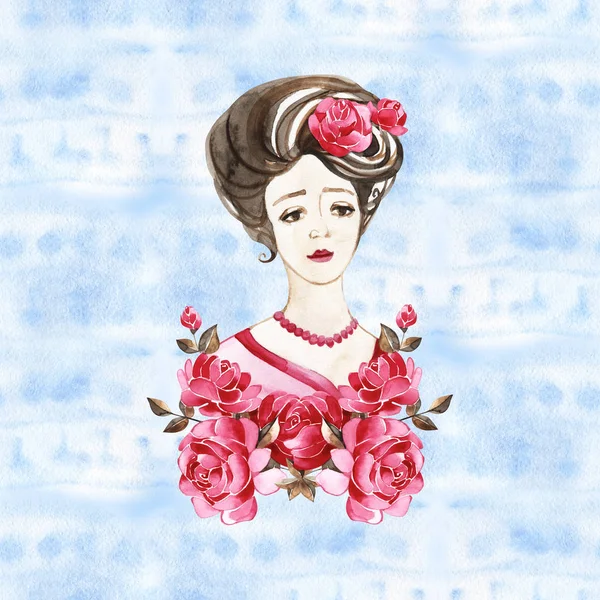 Akwarela portret kobiety twarz różowe róże. — Zdjęcie stockowe