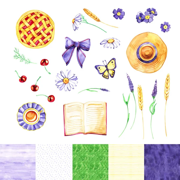 Akvarel letní ilustrace v plochém stylu. Kniha, květiny, šálek čaje, třešňový koláč, klobouk, motýl. Pohled shora. Pohlednice, Pozvánka. — Stock fotografie