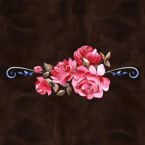 Hand getekende aquarel arrangement met pittoreske roze rozen, Rosebuds, bladeren en krullend tak. Floral botanische illustratie voor bruiloft uitnodigingen, kaarten, patronen — Stockfoto