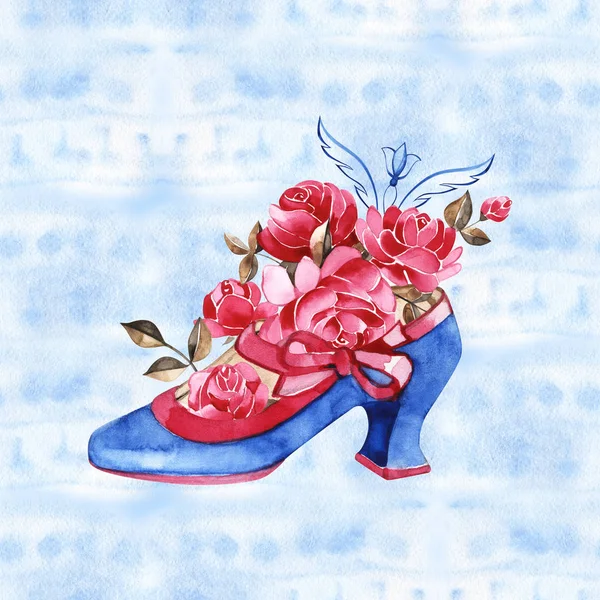 Frauenschuhe mit Rosen. Mode und Stil, Kleidung und Accessoires. Schuhe. Illustration für eine Postkarte oder ein Poster, Druck für Kleidung. Vintage und Retro. — Stockfoto